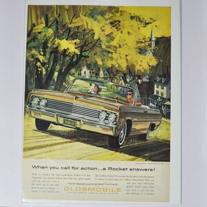 Pubblicità di auto di grandi dimensioni 1963 Oldsmobile Dynamic 88 (GM General Motors, pubblicità fotografica classica di vecchia data, brochure stampata di parti, Olds Auto Rocket Action USA)