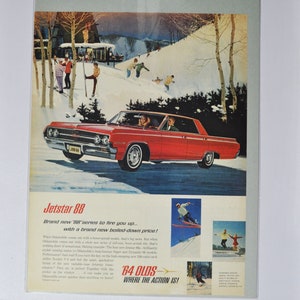 Grote autoadvertentie 1964 Oldsmobile Jetstar 88 (GM General Motors klassieke oude fotoadvertentie onderdelen gedrukte brochure olds auto raketactie VS)