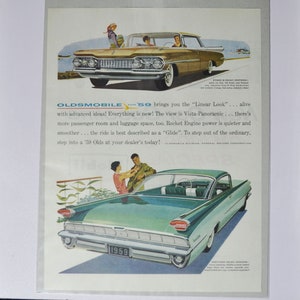 Grote autoadvertentie 1959 Oldsmobile Dynamic 88 Holiday Sport Sedan & 98 Holiday Sceni Coupe (GM General Motors oude fotoadvertentie olds VS VS)