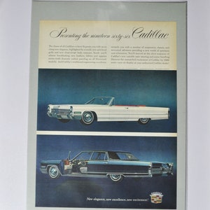 Grote autoadvertentie 1966 Cadillac De Ville Convertible / Fleetwood Brougham (autobedrijf klassieke oude fotoadvertentie onderdelen gedrukte brochure GM)