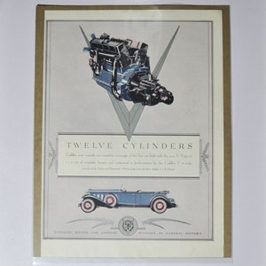 Grote autoadvertentie Cadillac V-Type 12 (autobedrijf klassieke oude fotoadvertentie onderdelen gedrukte brochure GM General Motors-dealer luxe motor)