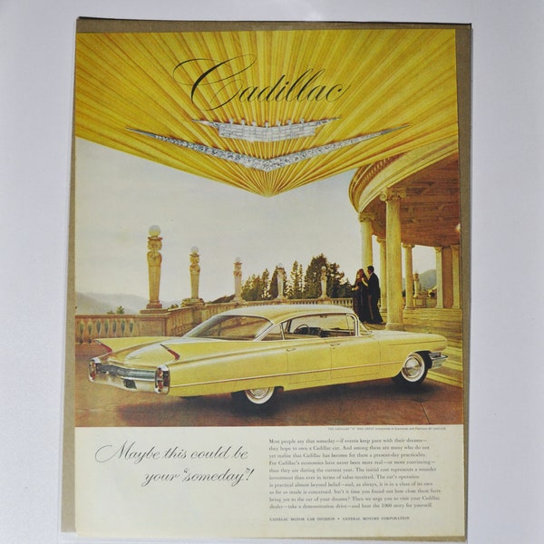 Grande annonce de voiture 1960 Cadillac (société automobile classique ancienne photo publicité pièces brochure imprimée GM General Motors concessionnaire concessionnaire luxe)