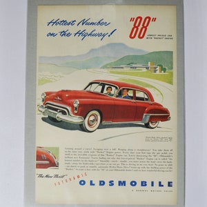 Pubblicità di auto di grandi dimensioni 1950? Oldsmobile 88 (GM General Motors, pubblicità fotografica classica di vecchia data, concessionario Olds, motore a razzo USA Super Holiday Hydra-matic)