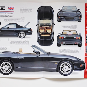 Folha de especificações AC Ace (1994-PRESENTE) (foto do carro, informações sobre especificações, folheto de peças, anúncio antigo, impressão vintage, corrida, auto, inglaterra, weybridge, surrey, grã-bretanha)