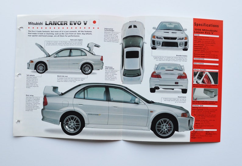 Spec Sheet Mitsubishi Lancer EVO V 1998 motor car photo | Etsy