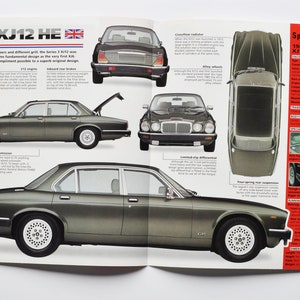 May include: A magazine spread showcasing a 1985 Jaguar XJ12 HE. The page presents various views of the car, including side, front, rear, and top-down perspectives. Text provides specifications and features of the vehicle.