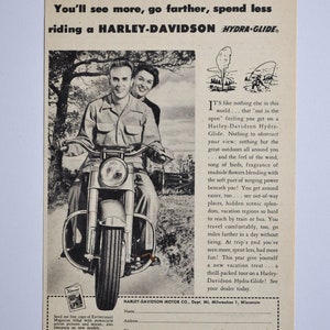 Motorrad Anzeige 1951 Harley-Davidson Hydra-Glide (Motorrad Firma Klassiker altes Foto original Werbung Teile Print Broschüre Autohaus)
