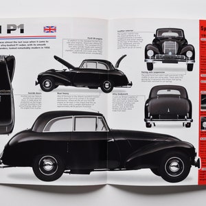 May include: A black and white photograph of a 1950 Allard P1 car. The car is shown from various angles, including a side view, a front view, and a rear view. The photo also includes text about the car's specifications.