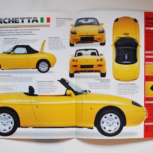 May include: A yellow 1996 Fiat Barchetta convertible sports car with a black top. The car is shown from multiple angles, including a side view, a front view, and a rear view. The car has a smooth top cover, flush door handles, steel wheels, and a trailing arm rear suspension. The car has a 1.8 litre, sixteen valve engine.