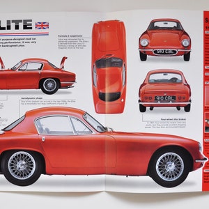 Folha de especificações Lotus Elite (1957-1963) (foto do carro, informações, especificações, folheto, peças, anúncio, impressão vintage antiga, motor clássico, esporte, inglaterra, cheshunt)