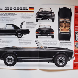 Op de afbeelding: Een vintage brochurepagina voor de Mercedes-Benz 230-280SL met meerdere zwart-witfoto's van de cabriolet vanuit verschillende hoeken, waaronder zij-, voor-, achter- en bovenaanzichten, samen met technische specificaties en bijbehorende tekst.