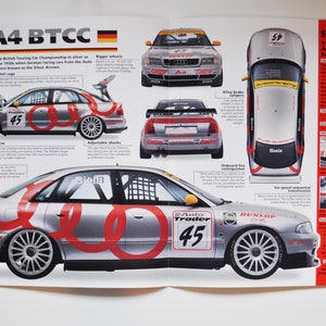 Datenblatt Audi A4 BTCC (1996) (Auto Foto Stats Info Specs Broschüre Print Teile Anzeige Vintage Klassiker Sport Motor Race Fast German Race Auto)