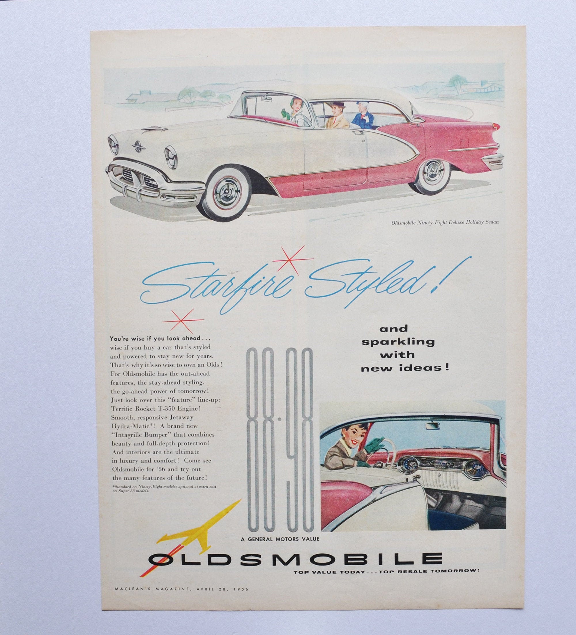 Large Car Ad 1956 Oldsmobile 98 (GM general motors company classic old  photo advertisement parts print brochure dealer olds deluxe holiday)