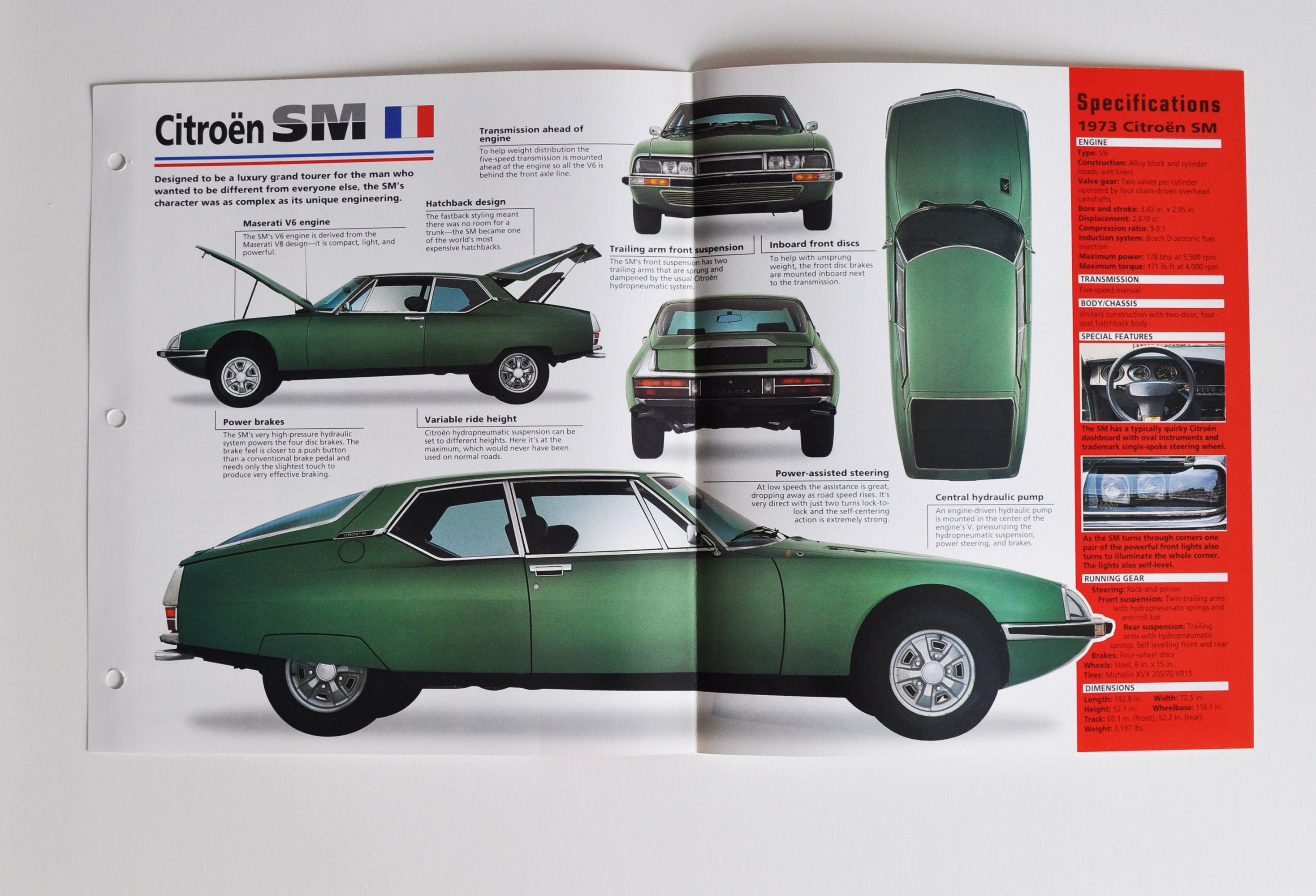 Spec Sheet Citroen SM (1970-1975) (car Photo Stat Info Specs