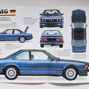 May include: A vintage magazine spread featuring a blue BMW M6. The page includes multiple views of the car, specifications, and text. The car has a sleek design with white wheels and a black trim.