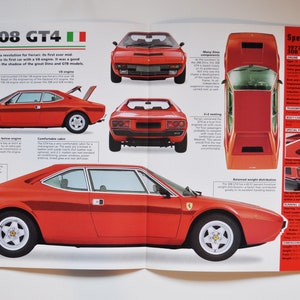 Fiche technique Ferrari 308 GT4 (1973-1980) (photo de voiture stat info specs brochure parts ad print old vintage dealer race sports italy maranello)