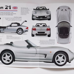 Folha de especificações Caterham 21 (1998) (foto do carro, informações sobre especificações, folheto de peças, anúncio antigo, impressão vintage, corrida, automóvel, inglaterra, grã-bretanha, surrey)