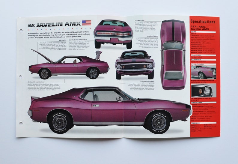 Spec Sheet AMC Javelin AMX 19711974 car Photo Stat Info Print Specs