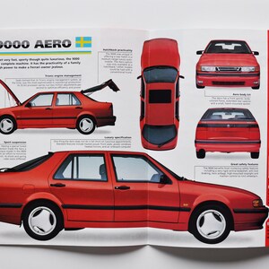 May include: A promotional brochure for the 1995 Saab 9000 Aero featuring a red sedan from multiple angles. The layout includes technical specifications, engine details, and interior highlights with text labels describing the vehicle's performance features.