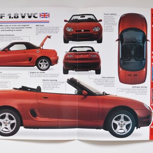 Folha de especificações Rover MGF 1.8 VVC (1995-PRESENTE) (foto do carro, estatísticas, informações, especificações, folheto, peças, anúncio, impressão antiga, vintage, corrida, inglaterra, birmingham, grã-bretanha)