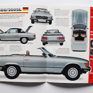 Fiche technique Mercedes-Benz 500SL / 560SL (1971-1989) (statistiques sur les photos de la voiture, informations sur les spécifications, brochure sur les pièces d'impression dans une publicité pour le daimler allemand classique de Stuttgart)