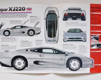 Hoja de especificaciones Jaguar XJ220 (1992-1994) (foto del coche stat info especificaciones folleto piezas ad old vintage print classic race engine england coventry)