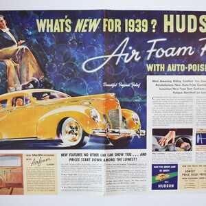 Anúncio de carro de 2 páginas 1939 AMC Hudson (Motor Car Company, americano, revendedor, concessionária, folheto, retrô, luxo, clássico antigo, automóvel, auto)