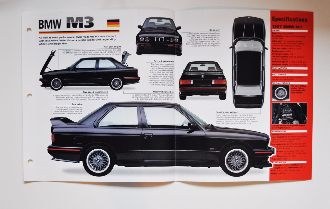 Spec Sheet BMW M3 1987-1990 car Photo Stats Info Specs - Etsy