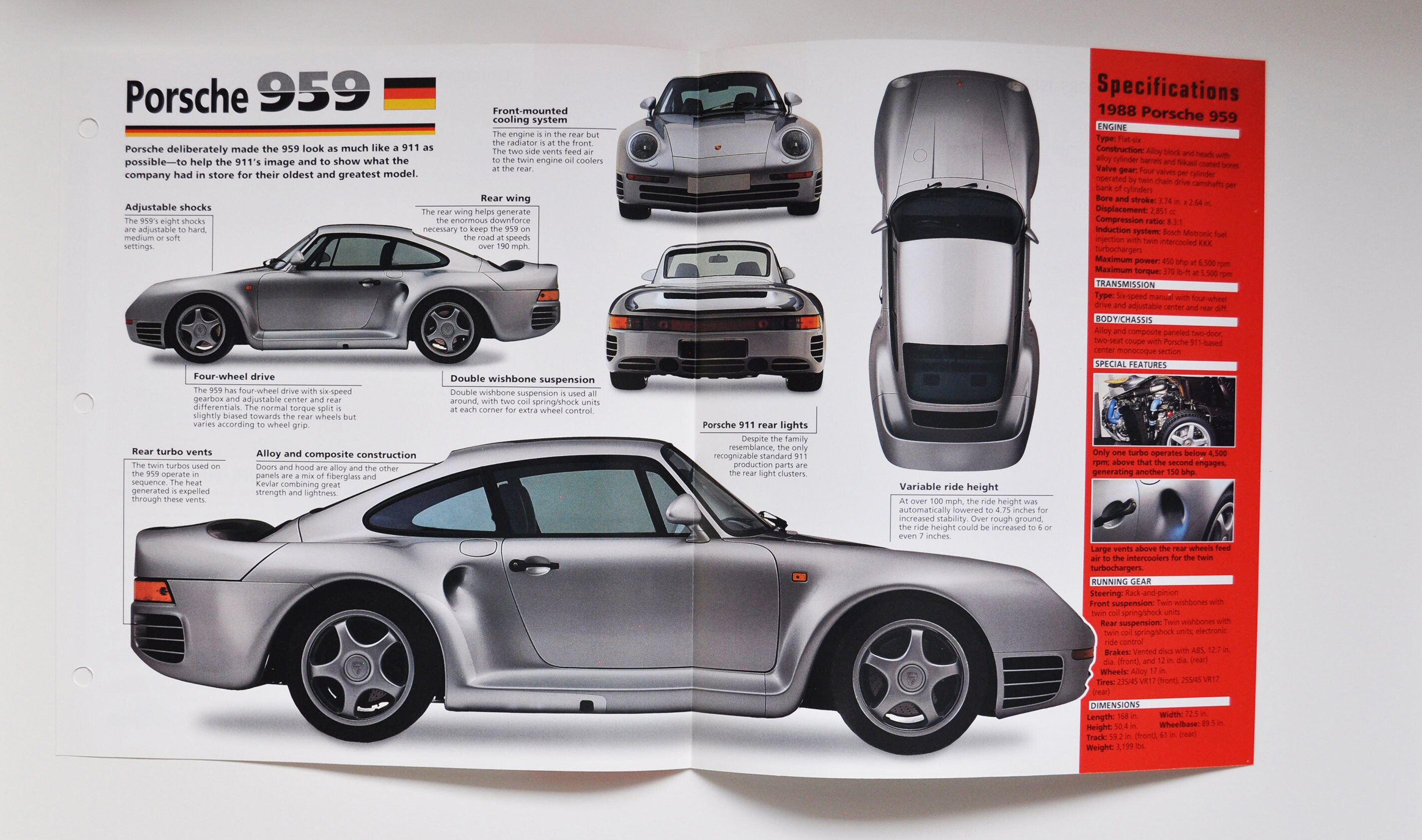 Spec Sheet Porsche 959 (1983-1988) (car Photo Stat Info Specs