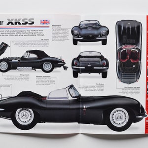Fiche technique Jaguar XKSS (1957) (photo de voiture, informations sur les statistiques, spécifications, brochure, pièces et vieux imprimé vintage, course classique, grande-bretagne, sport automobile, Coventry auto)