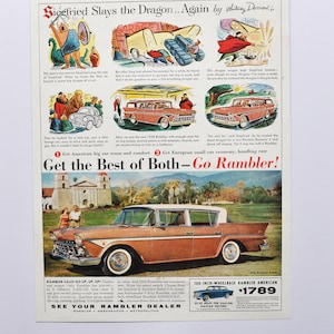 Pubblicità di un'auto di grandi dimensioni, 1958 Rambler Rebel (pubblicità fotografica d'epoca di una compagnia automobilistica, brochure stampata, concessionaria di automobili d'epoca, ambasciatore di automobili negli Stati Uniti)