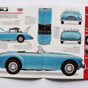 May include: A light blue 1953 Allard K3 sports car is shown in various views on a white background. The open-top car has wire wheels and a black convertible top. The image includes specifications and text about the car.