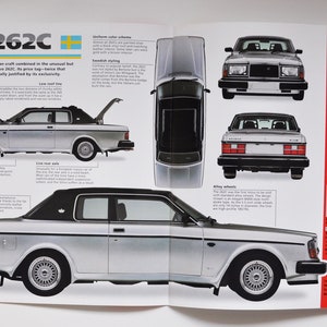 May include: A page from a vintage car brochure showcasing a silver Volvo 262C. The brochure includes various views of the car, specifications, and feature details. The car has a black roof and silver body.