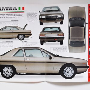 Fiche technique Lancia Gamma (1976-1984) (photo de voiture stat info brochure pièces ad print old race vintage race sports italy turin auto europe)