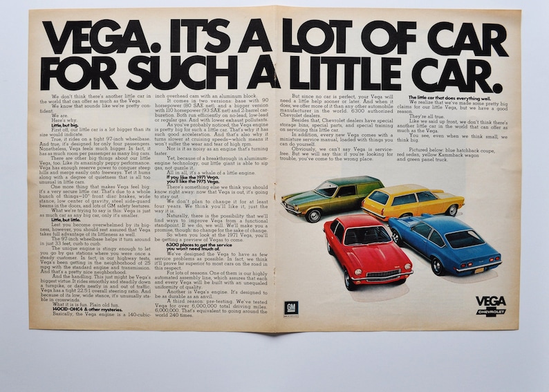 gm general motor company classic old photo advertisement brochure dealer dealership auto Chevy american 2-Page Car Ad 1975 Chevrolet Vega