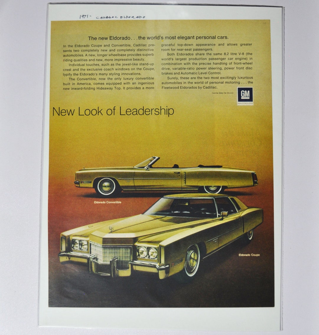Large Car Ad 1971 Cadillac Eldorado Convertible & Coupe (motor