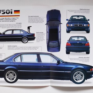 Fiche technique BMW 750i (1987-PRÉSENT) (voiture photo stat info spécifications brochure imprimer pièces ad vintage classique rétro sport rapide auto allemand munich)