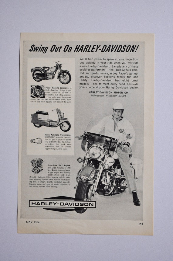 Motorcycle Ad 1964 Harley-Davidson (motorbike company classic old photo  original advertisement parts print brochure dealership Hydra-Glide)