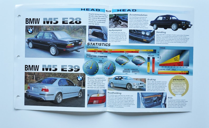 Compare Sheet BMW M5 E28 VS BMW M5 E39 car photo stat info specs brochure print poster parts ad race road sport dealer fast sedan auto