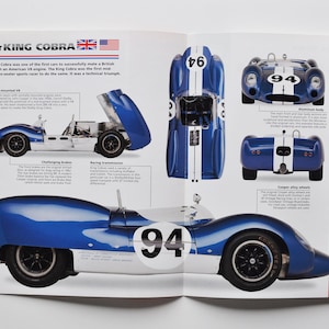 May include: An open book spread featuring a blue and white 1964 Cooper King Cobra race car. The car has the number 94 on the side and hood. The page includes specifications and diagrams of the car.