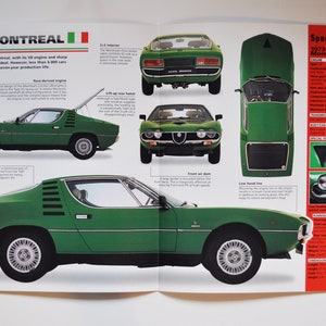 Fiche technique Alfa Romeo Montréal (1970-1977) (photo de voiture stat infos spécifications brochure pièces publicité impression vieux vintage moteur de course sport milan italie V8)