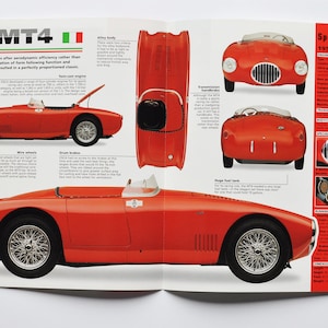 May include: A red 1954 OSCA MT4 sports car with a wire wheel, a large fuel tank, and a detailed engine compartment. The car is shown from multiple angles, including a side view, front view, and rear view. The text "OSCA MT4" and "Specifications 1954 OSCA MT4" are visible in the image.