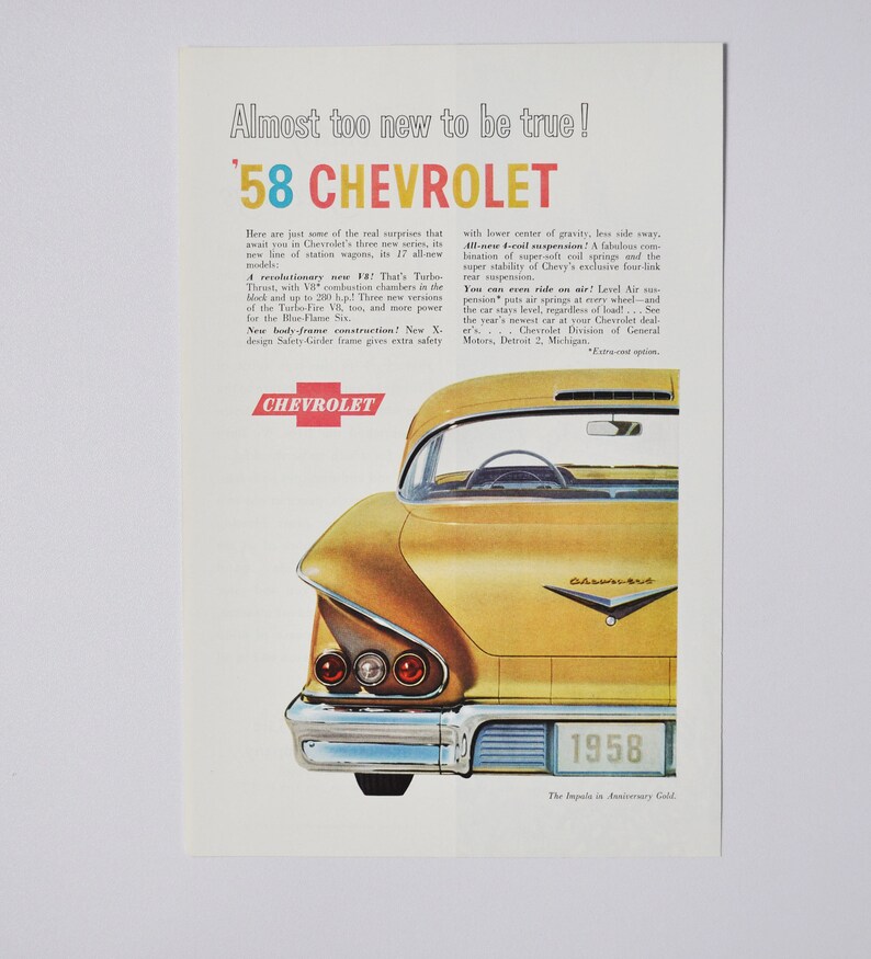 Car Ad 1958 Chevrolet general motors company GM classic photo advertisement parts brochure retro dealer dealership american classic chevy