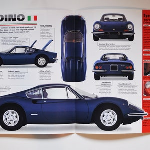 Fiche technique Ferrari Dino (1967-1974) (photo de voiture, informations sur les statistiques, spécifications, brochure, pièces, impression, vieux concessionnaire vintage, course, sports, Italie, Modène, auto)