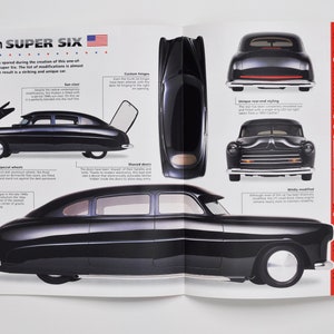 May include: A black 1949 Hudson Super Six custom car with unique styling features, including a fastback shape, shaved door handles, and custom hinges. The car is shown from multiple angles, including a side view, a front view, and a top view. The image also includes a specifications sheet with details about the car's engine, transmission, and other features.