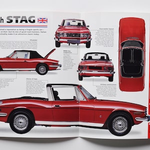 May include: A red 1977 Triumph Stag convertible sports car with a black soft top. The car is shown from the side, front, and top views. The text "Triumph Stag" and "Specifications 1977 Triumph Stag" is visible in the image.