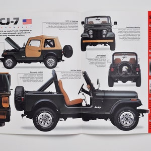 May include: A 1977 Jeep CJ-7 brochure featuring multiple views of the vehicle in black with tan interior and soft top. The document includes technical specifications, engine details, and descriptive text about the Jeep CJ-7 model, including a spare tire cover with an eagle graphic and various interior and exterior angles.