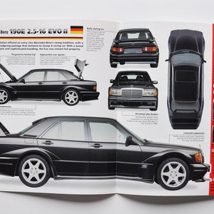 Folha de especificações Mercedes-Benz 190E 2.5-16 EVO II 2 (1990) (foto do carro, estatísticas, especificações, folheto, impressão de peças, anúncio, motor clássico vintage, automóvel alemão)