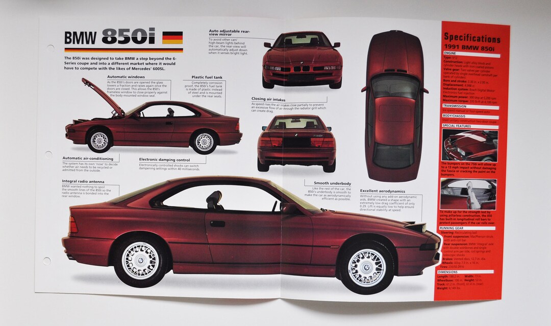 Spec Sheet BMW 850i 1989-PRESENT car Photo Stat Info Specs Brochure ...