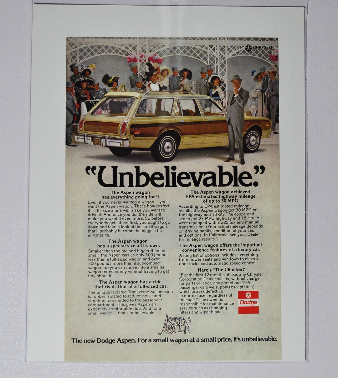 Car Ad 1976 Dodge Aspen Wagon (motor Company Classic Old Photo ...